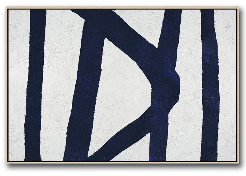 Original Art,Horizontal Navy Painting Abstract Minimalist Art On Canvas,Extra Large Canvas Painting